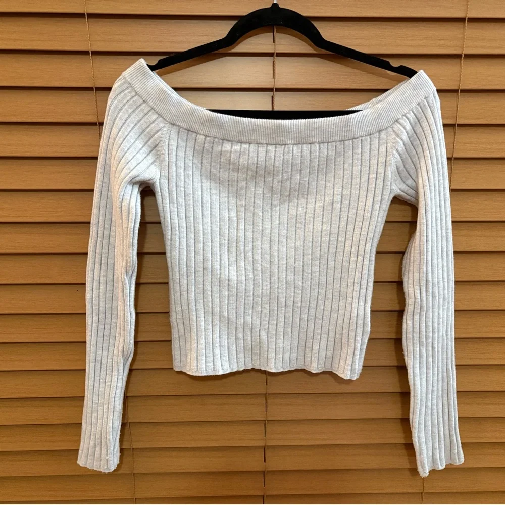 Aerie Off-Shoulder Ribbed Knit Sweater - Medium Grey - Picture 1 of 10